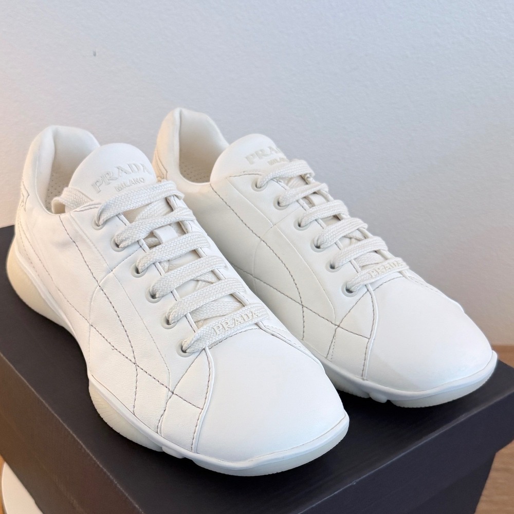 Prada Nappa Leather Sneakers Avorio White Low Top 2EE429 Mens UK 7